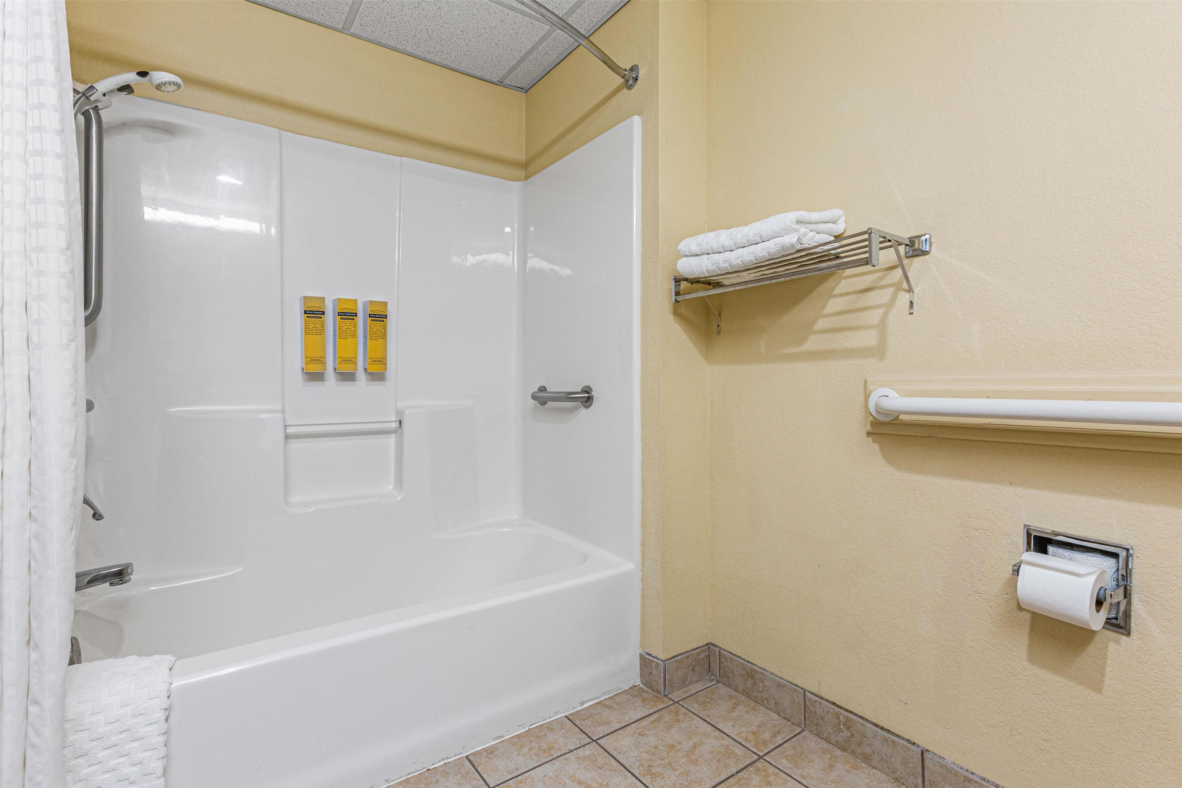 standard room, 1 king bed, accessible, bathtub (oversized room) | bathroom | combined shower/bathtub, free toiletries, hair dryer, towels