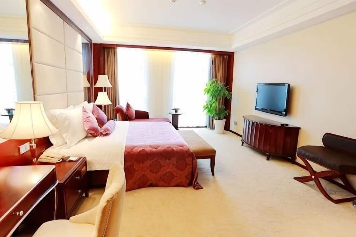 Une chambre d’hôtel comprenant un lit, des tables de chevet, un téléviseur, une plante et un coin salon.