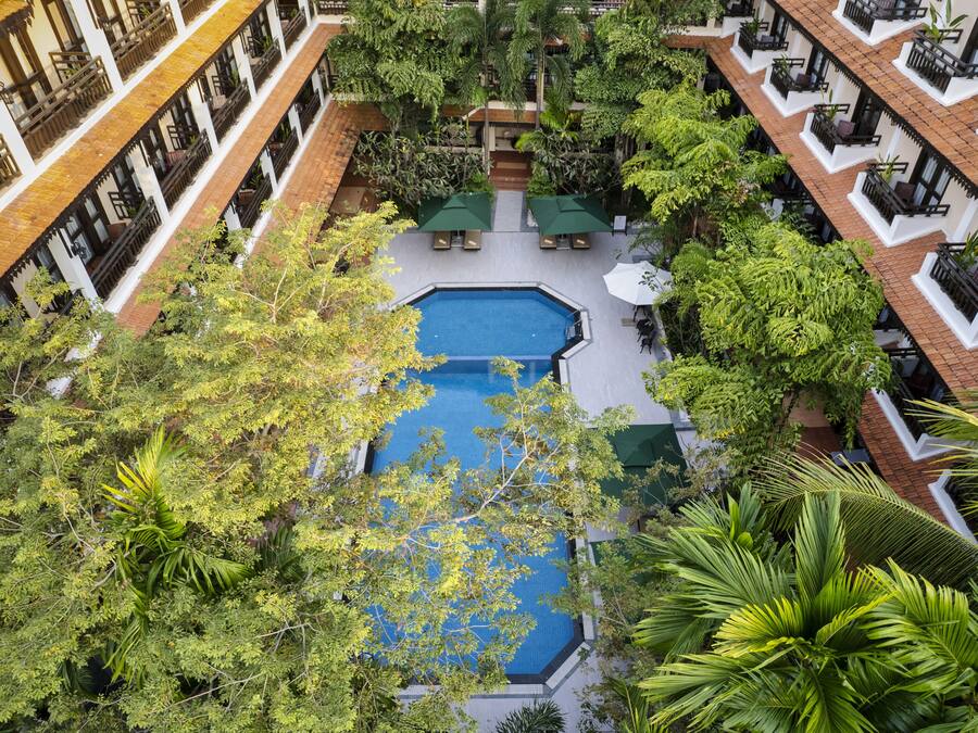 Une piscine sur le toit, entourée d’une végétation luxuriante et de bâtiments blancs dotés de balcons.