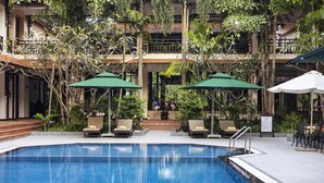Una piscina con sillones de descanso y sombrillas, rodeada de abundante vegetación y un edificio con tejado de baldosas.