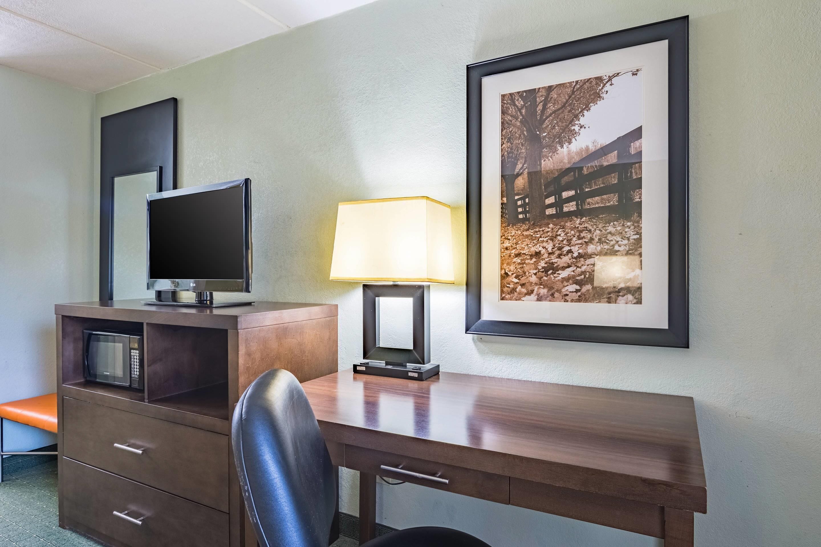 Quarto de hotel com escrivaninha, televisão, luminária, cadeira e um quadro na parede.