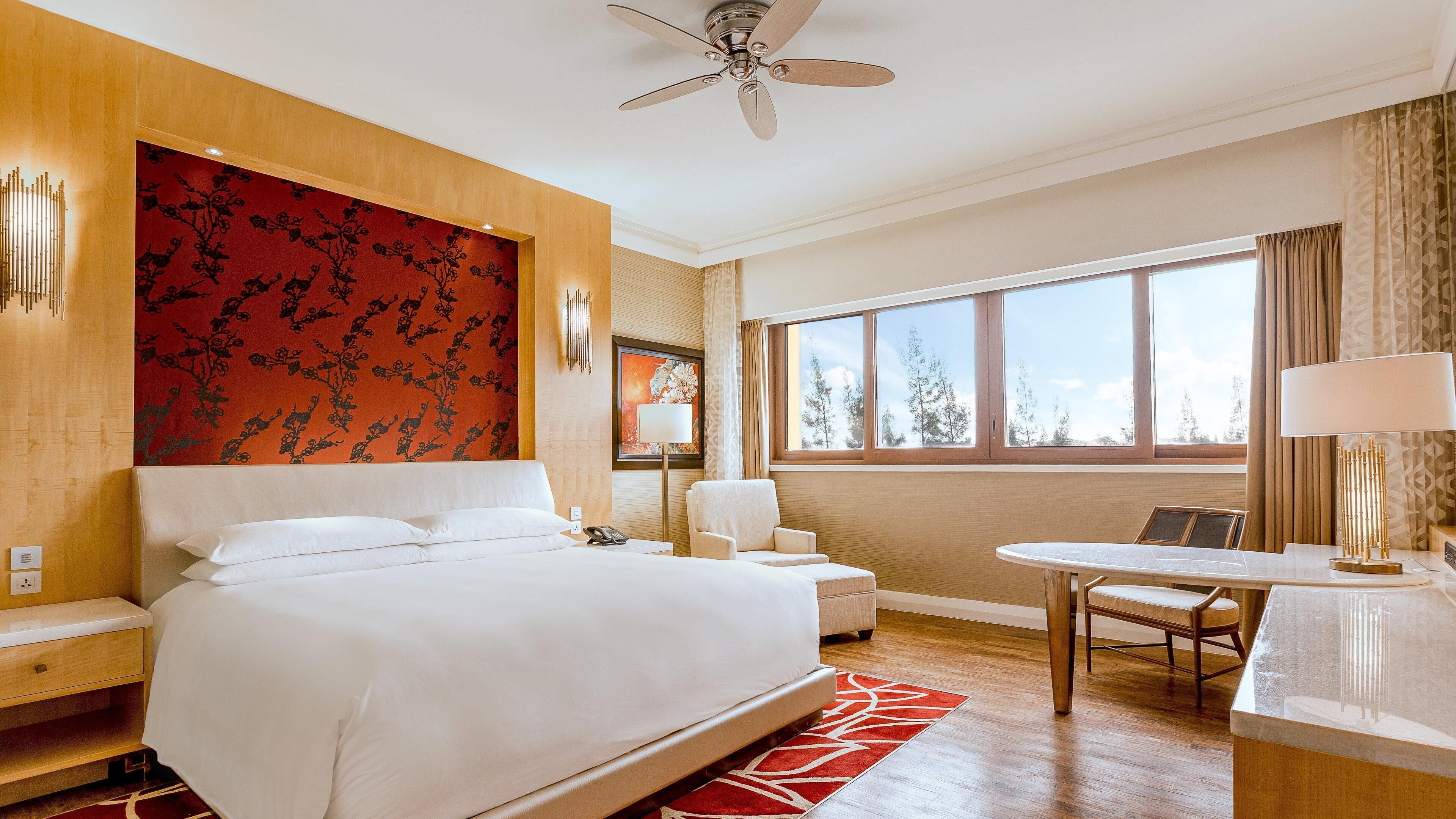 Down comforters, free minibar, in-room safe, desk
