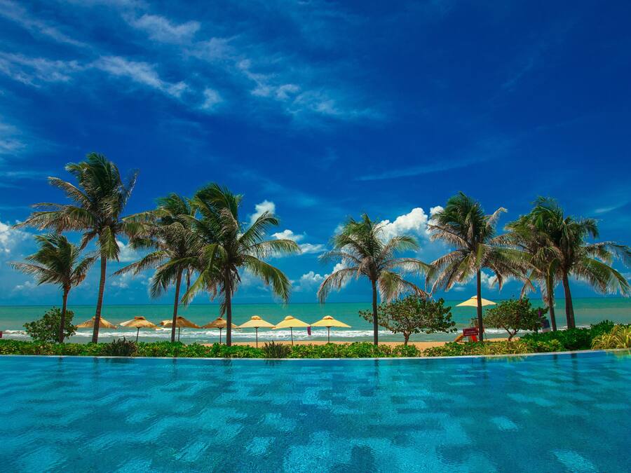Vista da piscina com água azul cristalina, palmeiras e uma praia ao fundo.