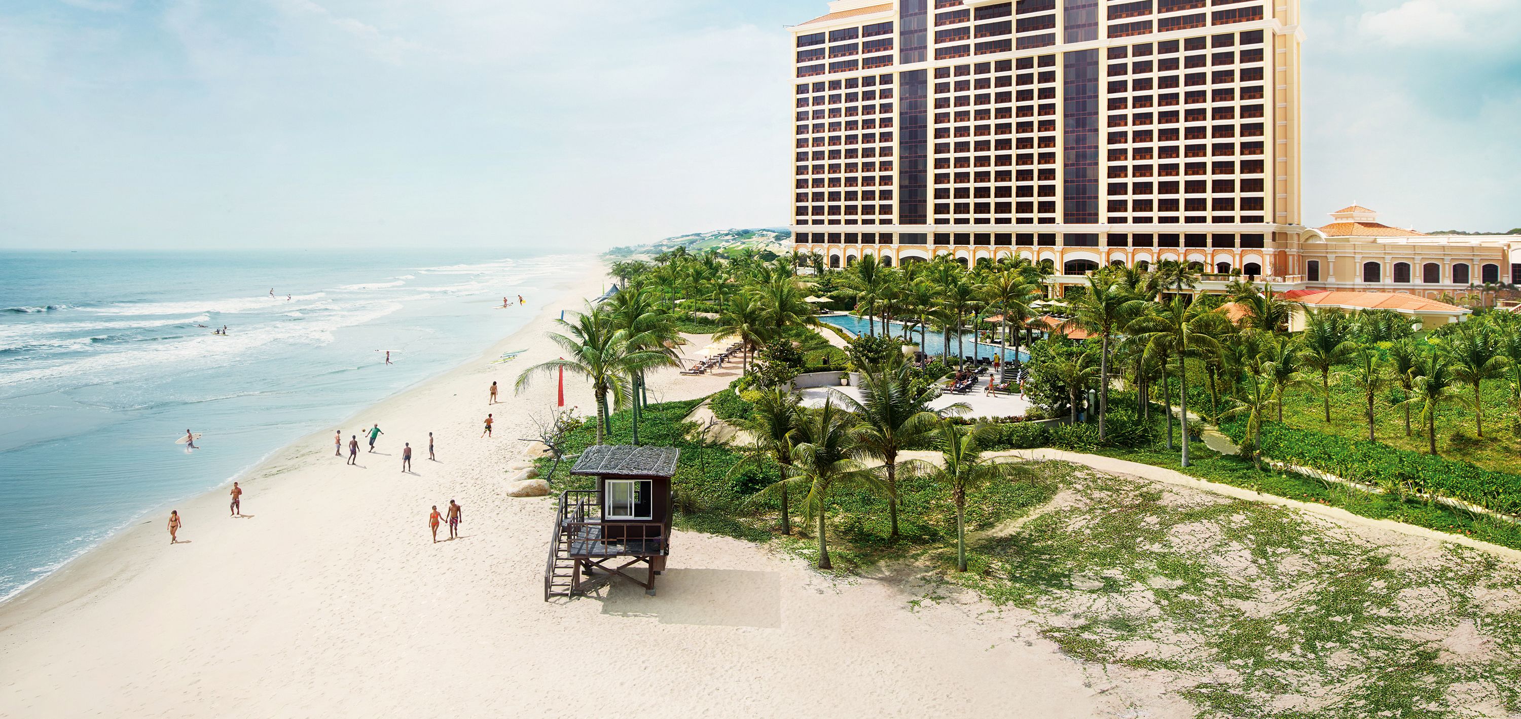 On the beach, sun loungers, beach umbrellas, beach towels