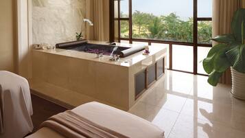 Couples treatment rooms, sauna, hot tub, body treatments, hydrotherapy