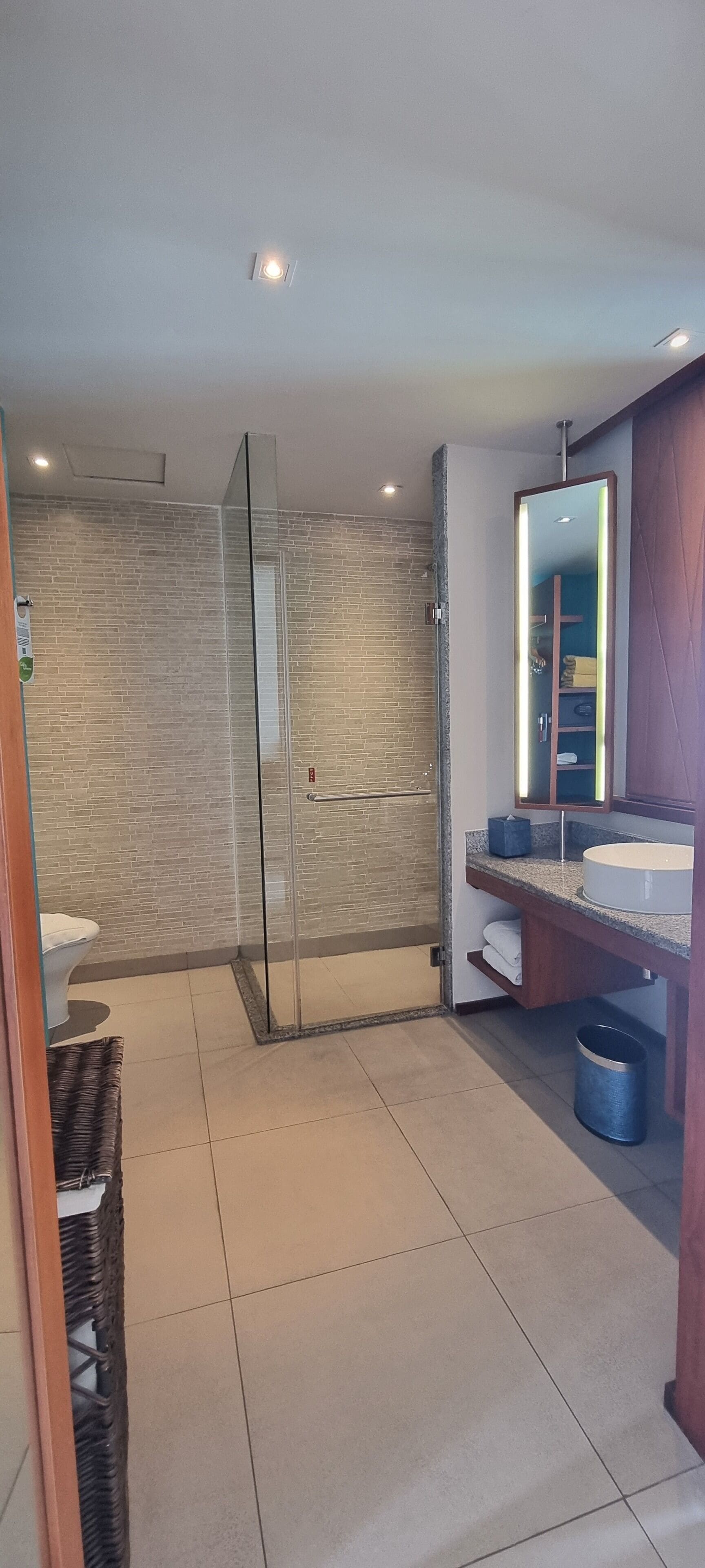 A modern bathroom with a glass-enclosed shower, a vanity with a mirror, and a toilet.