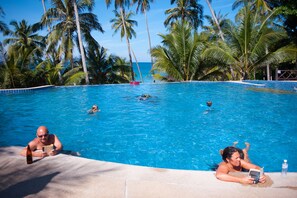 Ein Swimmingpool, umgeben von Palmen und blauem Himmel.