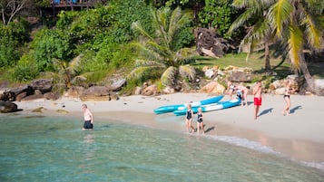 On the beach, scuba diving, snorkeling, kayaking