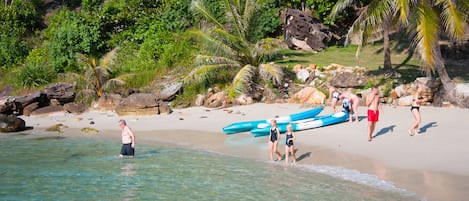 On the beach, scuba diving, snorkelling, kayaking