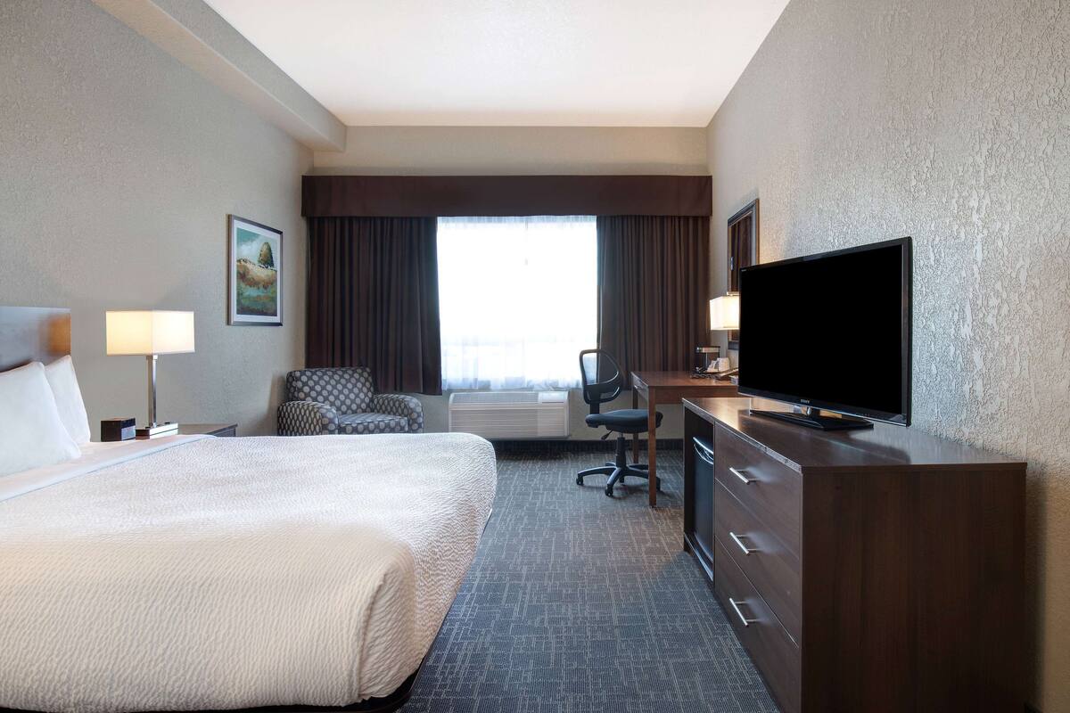 A hotel room with a large bed, a desk with a flat-screen TV, a chair, a desk lamp, and a window with curtains.