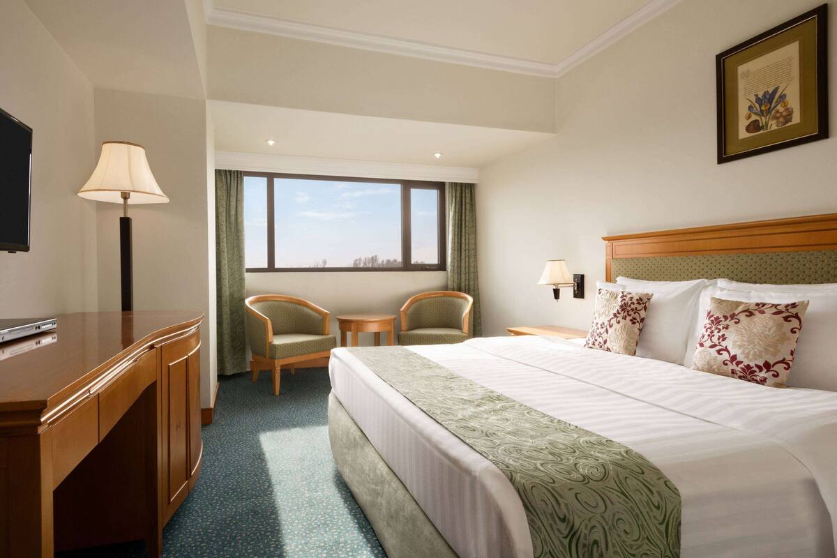 A hotel room with a bed, two chairs, a desk, a TV, and a window with a view.