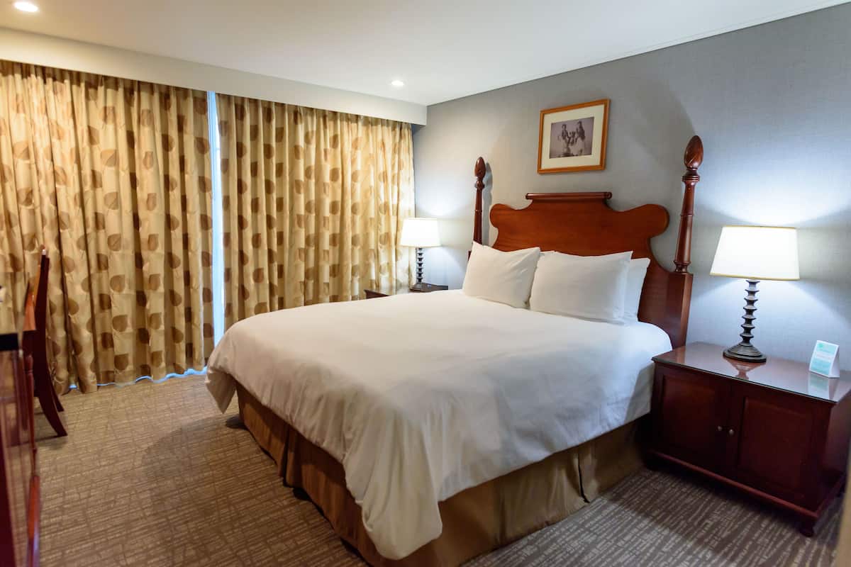 A hotel room with a large bed, two bedside tables with lamps, a wooden headboard, a framed picture on the wall, and a large window with curtains.