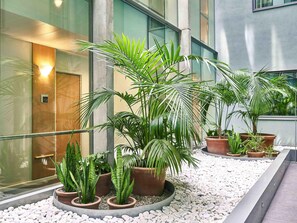 Un jardín interior moderno con plantas en macetas y un sendero de piedras.