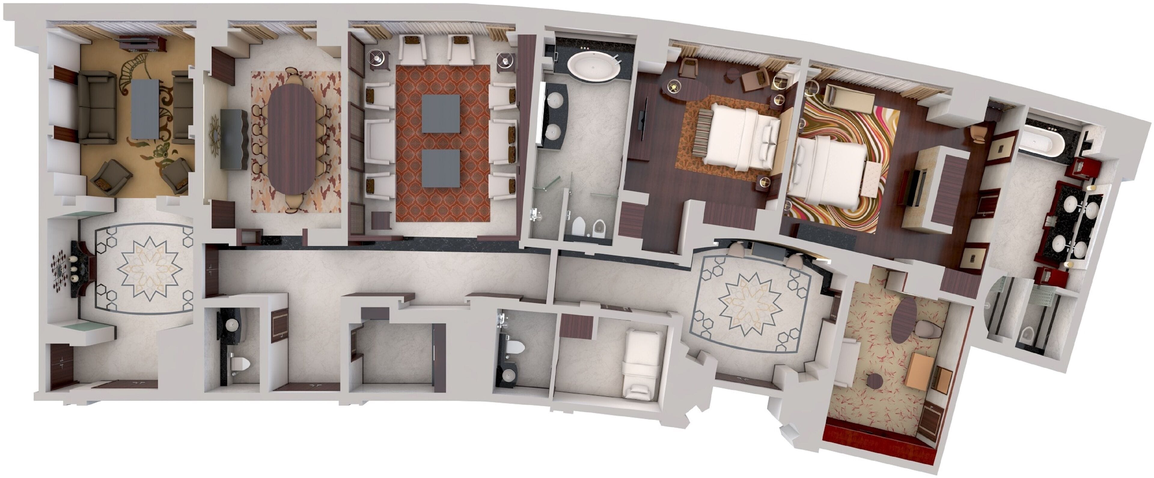 A 360-degree floor plan of a hotel with a dining area, multiple bedrooms, a bathroom, and a kitchen.