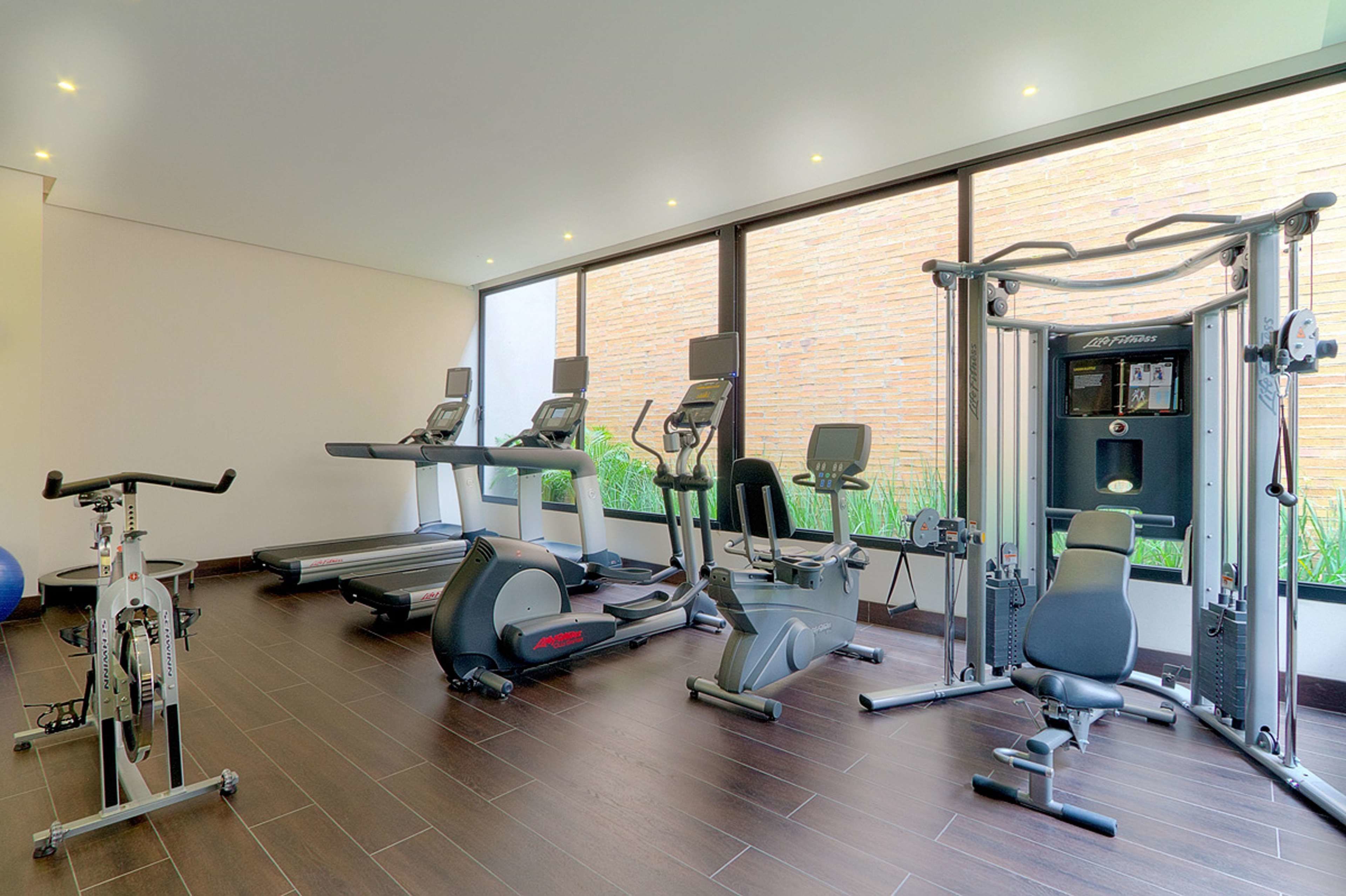 Une salle de sport équipée de machines de cardio, d’appareils de musculation et dotée d’une grande fenêtre donnant sur un mur de briques.