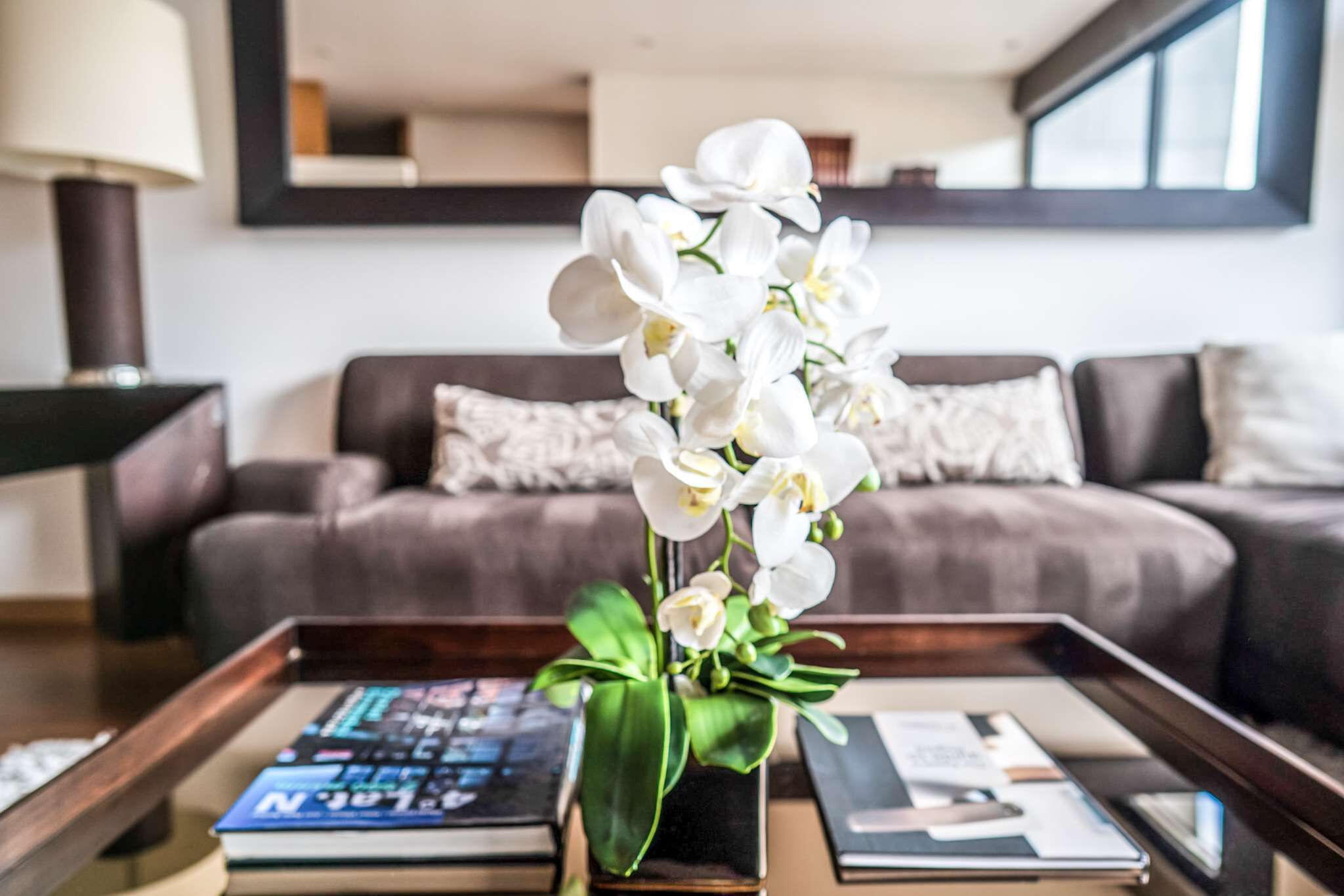 A living room with a sofa, a coffee table with a vase of white orchids, and a lamp.