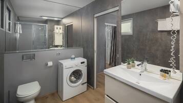 Une salle de bain moderne équipée d’un lave-linge intégré, de toilettes, d’un lavabo avec un miroir et d’un espace douche.