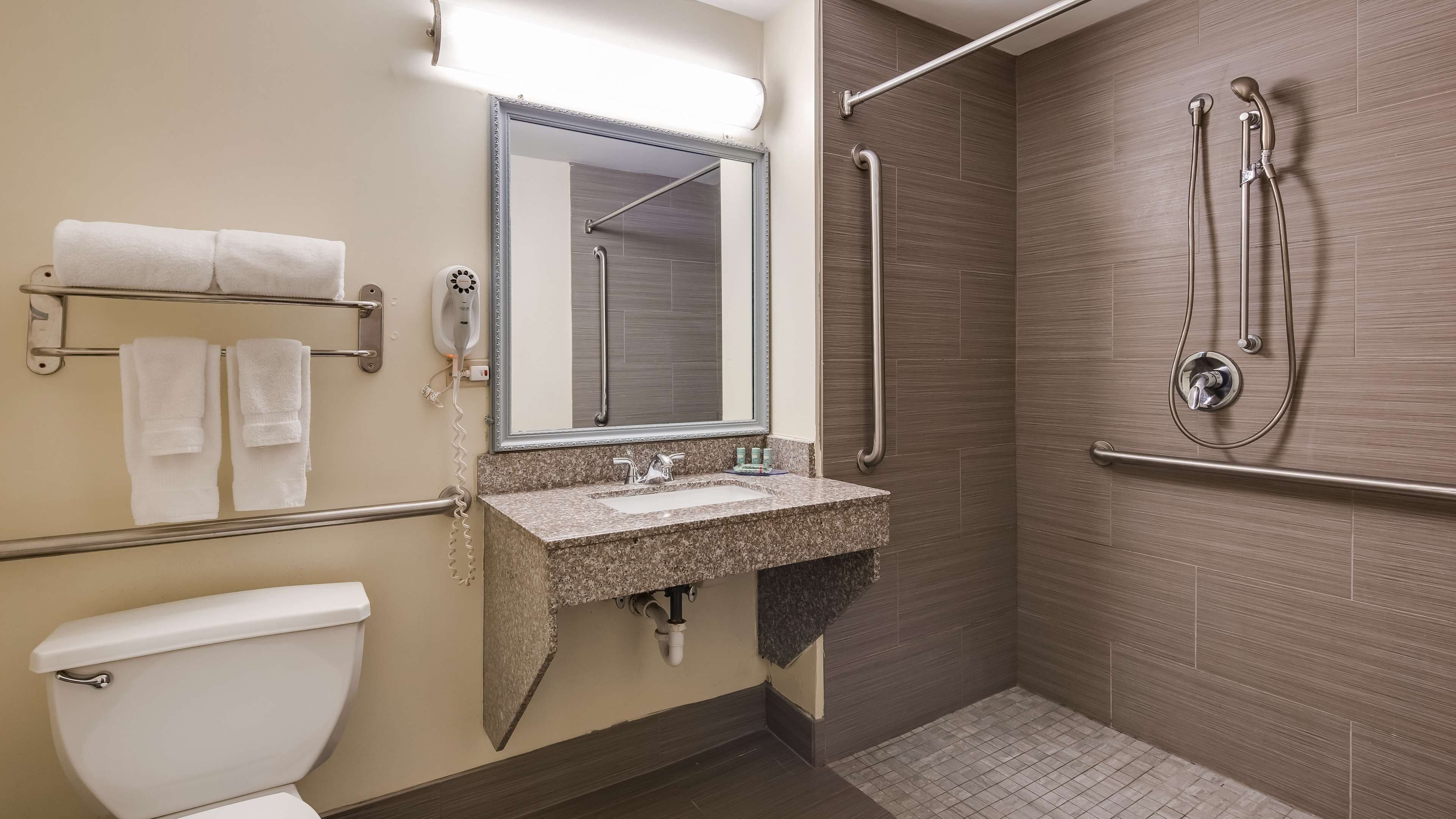 A bathroom with a toilet, sink, mirror, towel rack, and a walk-in shower with grab bars.