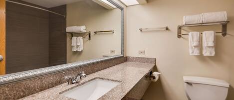A bathroom with a granite countertop sink, a large mirror, a toilet, and towel racks.