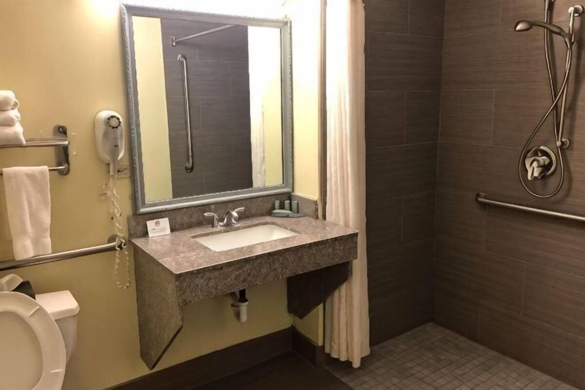 A bathroom with a sink, mirror, shower, and toilet.