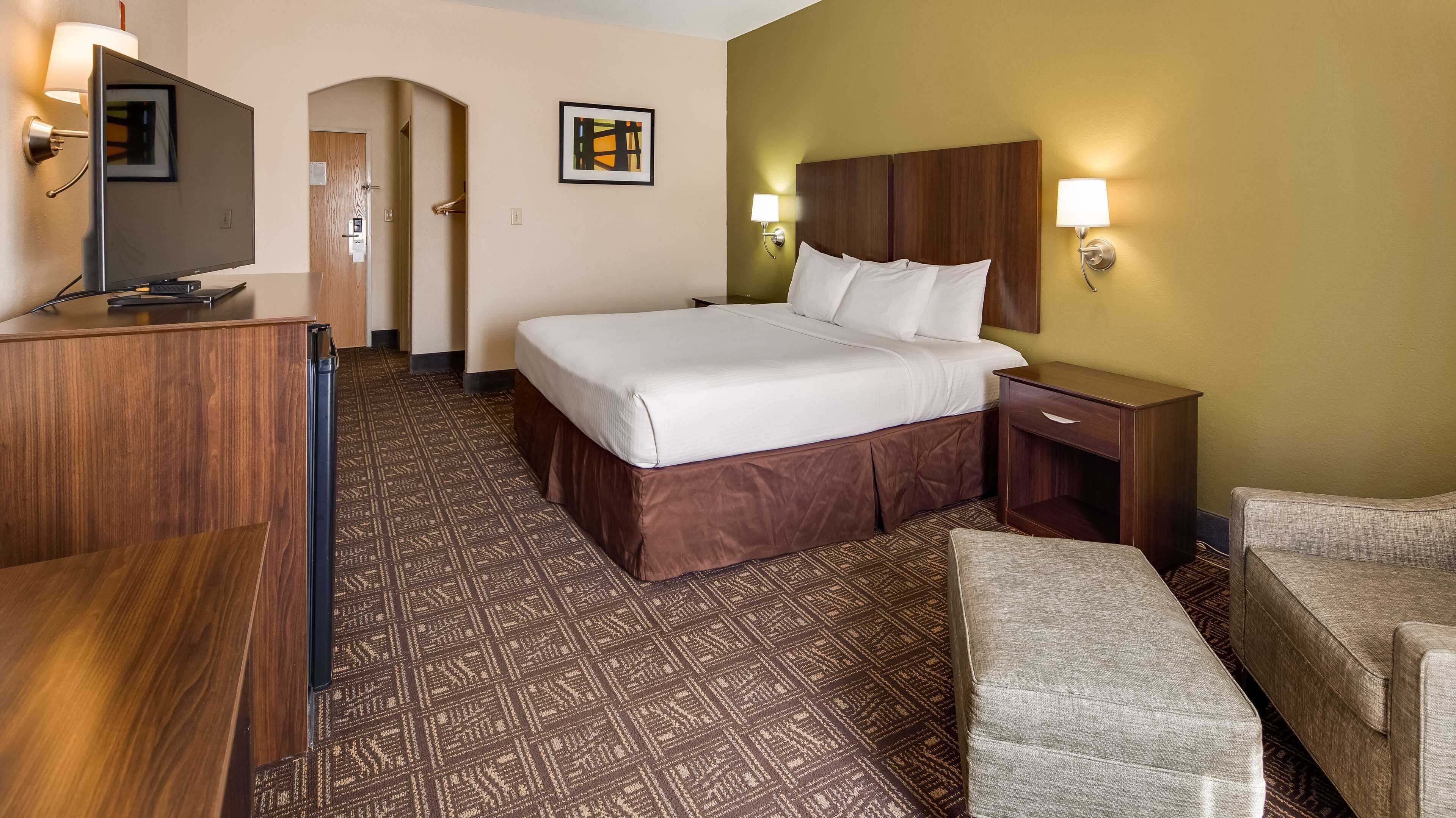Habitación de hotel con cama, escritorio, silla, televisor y alfombra estampada.