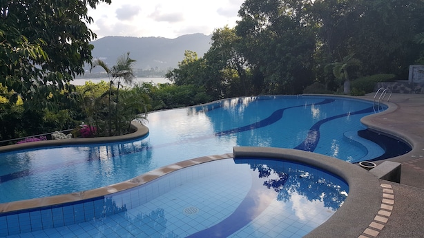 Una piscina de diseño curvo, rodeada de abundante vegetación y vistas a colinas distantes.