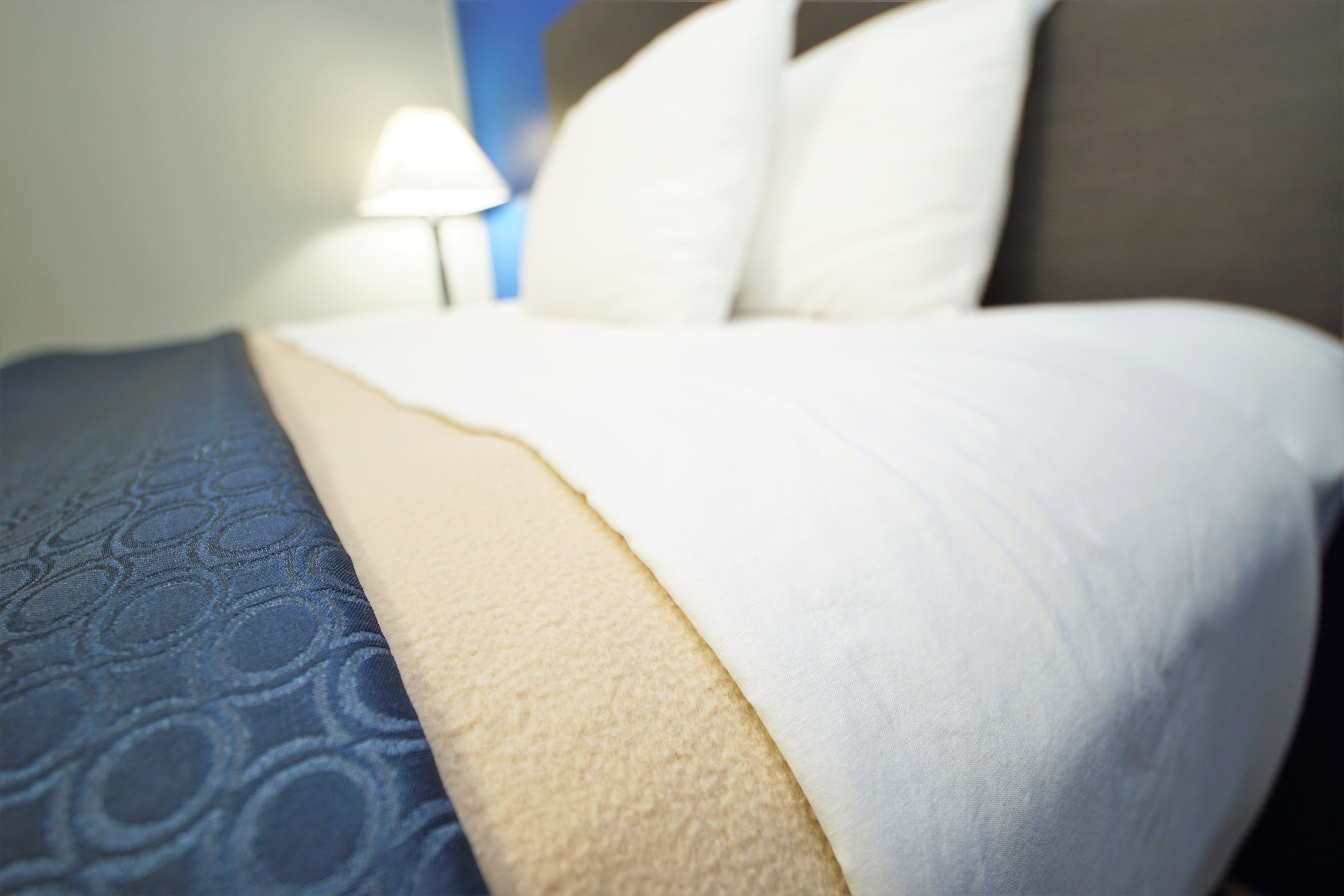Un lit avec une couvre-lit bleue à motifs et une couverture beige.