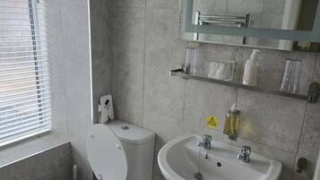 Ein Badezimmer mit Toilette, Waschbecken und Spiegel.
