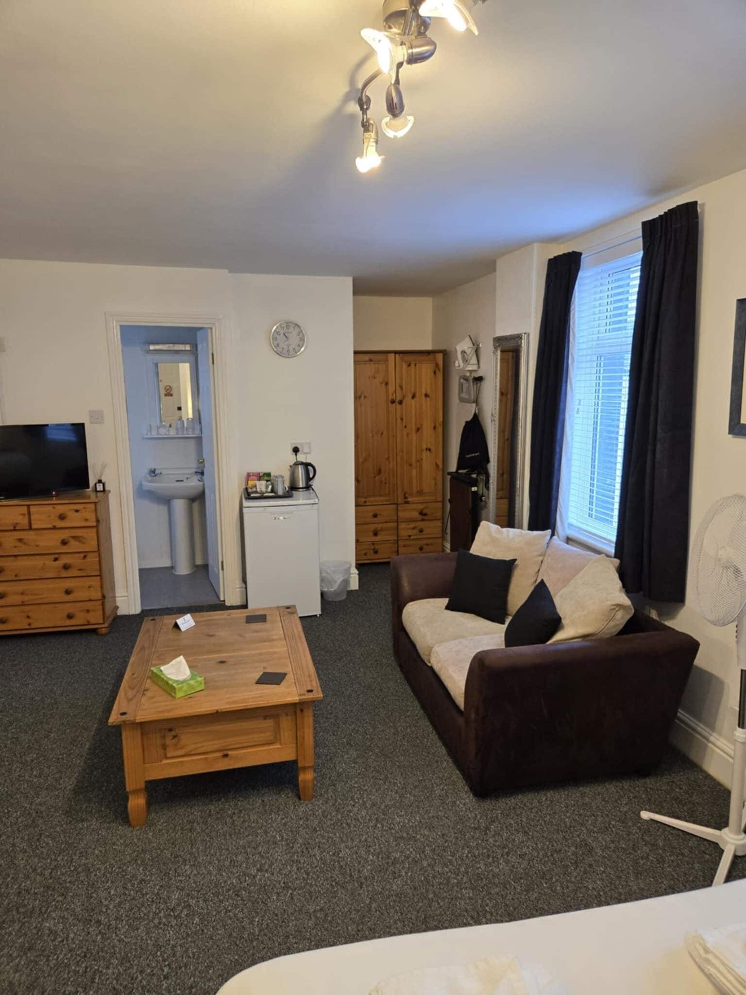 A compact living space with a sofa, a wooden coffee table, a television, a small kitchenette, and a window with curtains.