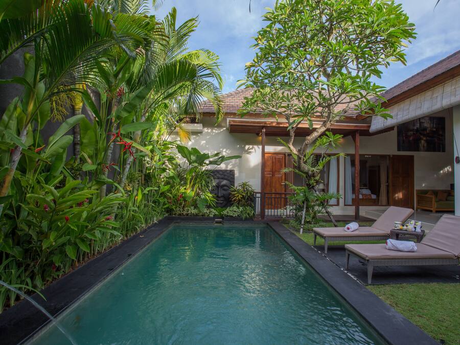 Una piscina al aire libre, sombrillas, sillones reclinables de piscina