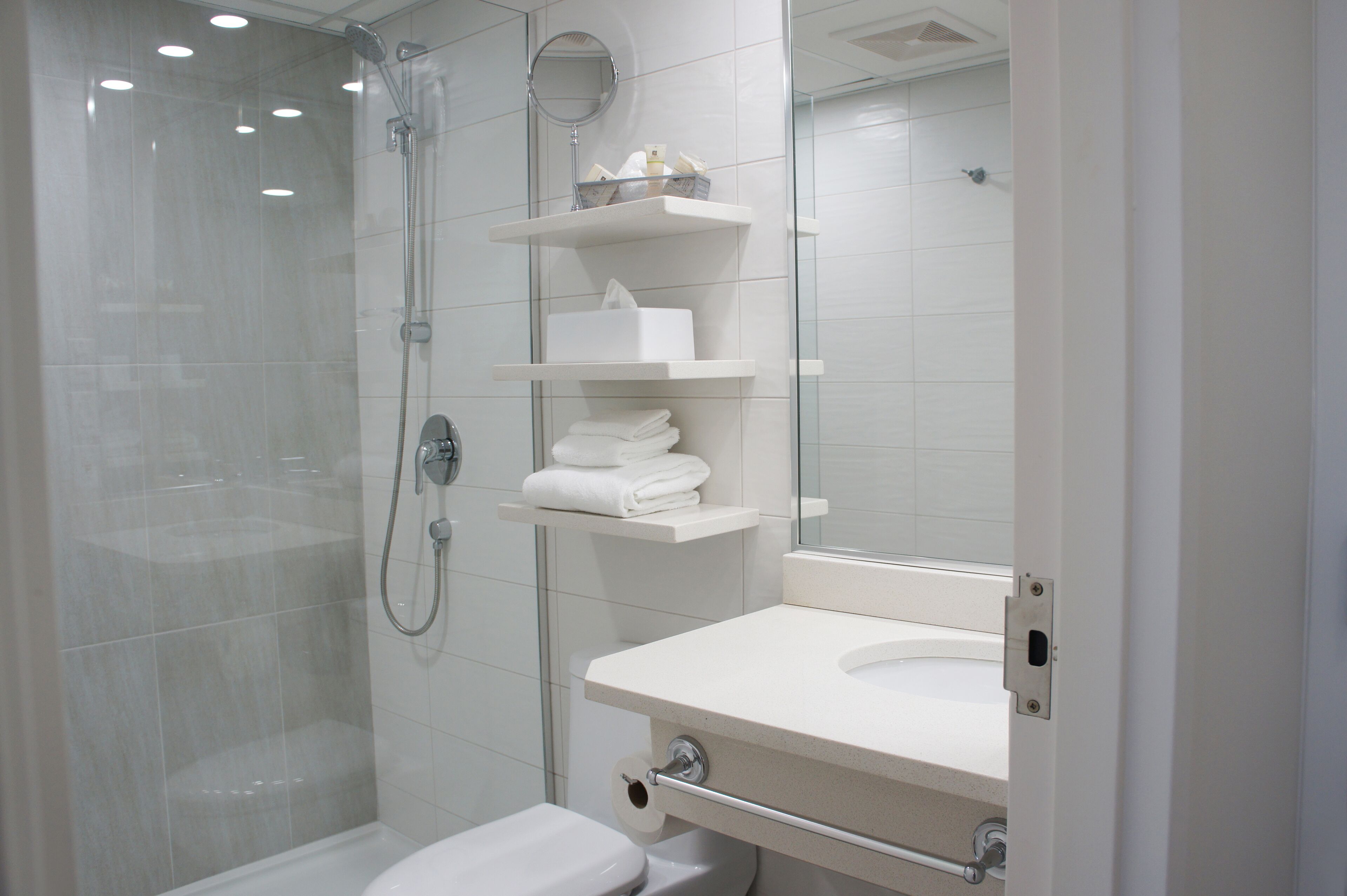 A modern bathroom with a glass-enclosed shower, a white sink, and a mirror.