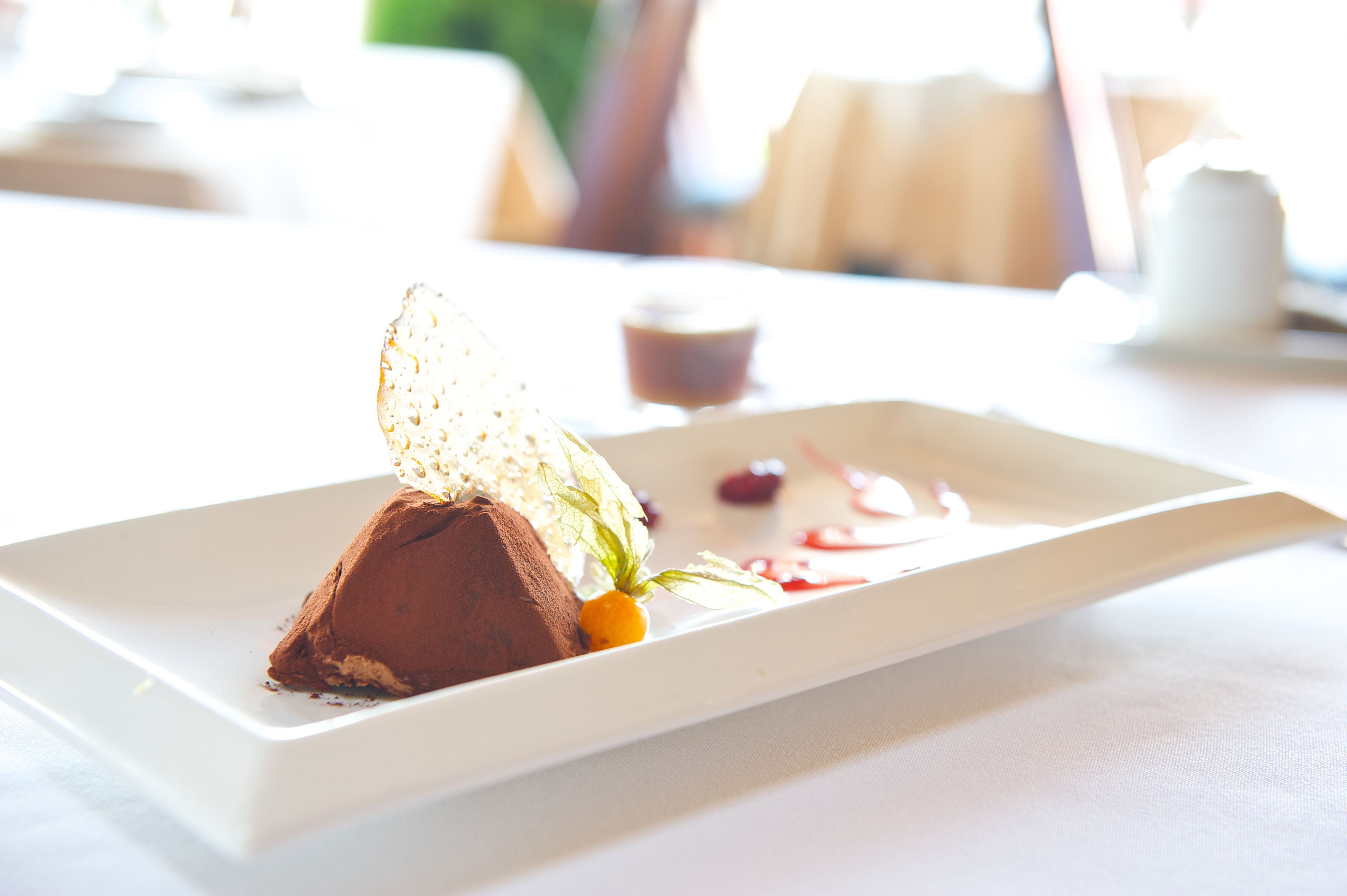 A dessert on a white rectangular plate with a small cup of tea in the background.