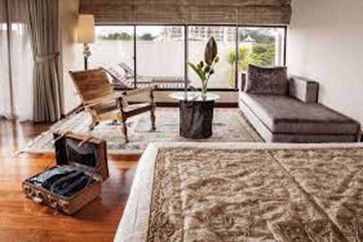 A spacious room with a large bed, a sofa, a wooden chair, and a small table with a plant. There is a window providing a view of the outdoors.