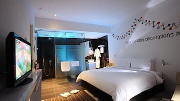 Premium bedding, desk, laptop workspace, iron/ironing board