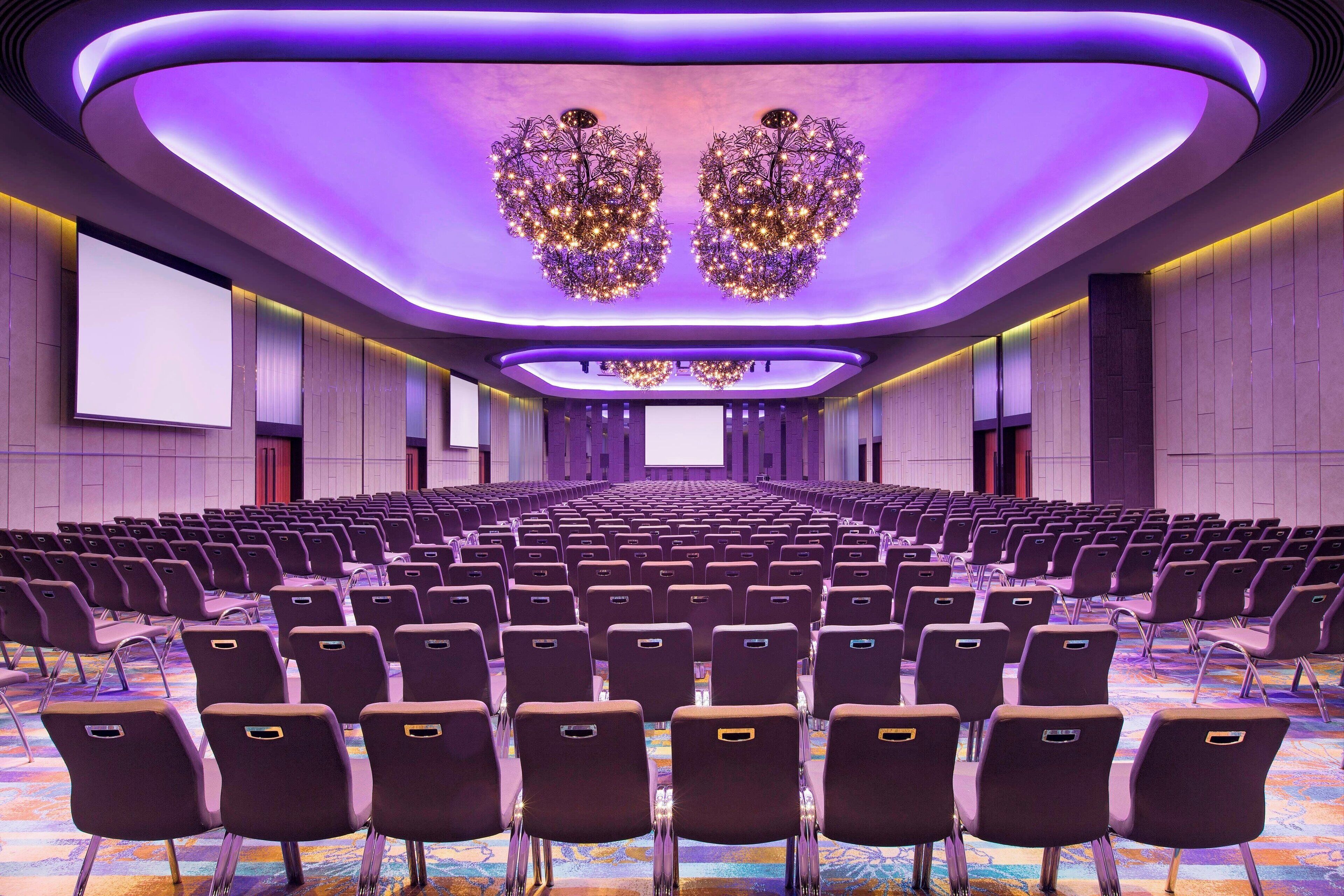 A conference room with rows of chairs, a large screen, and a ceiling with unique lighting fixtures.