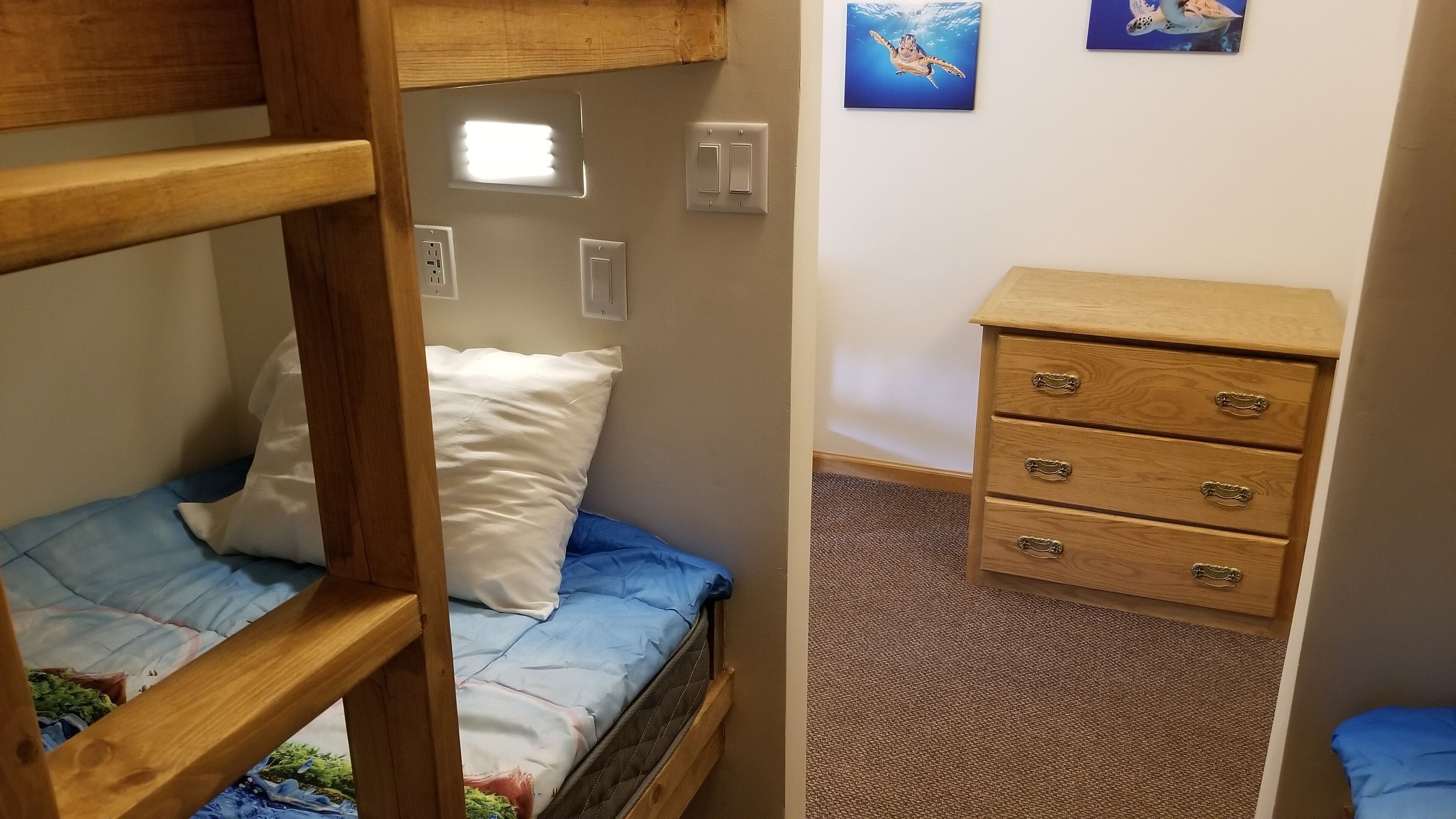 A bunk bed with a blue mattress and white pillow, a wooden dresser with drawers, and two wall-mounted light switches.