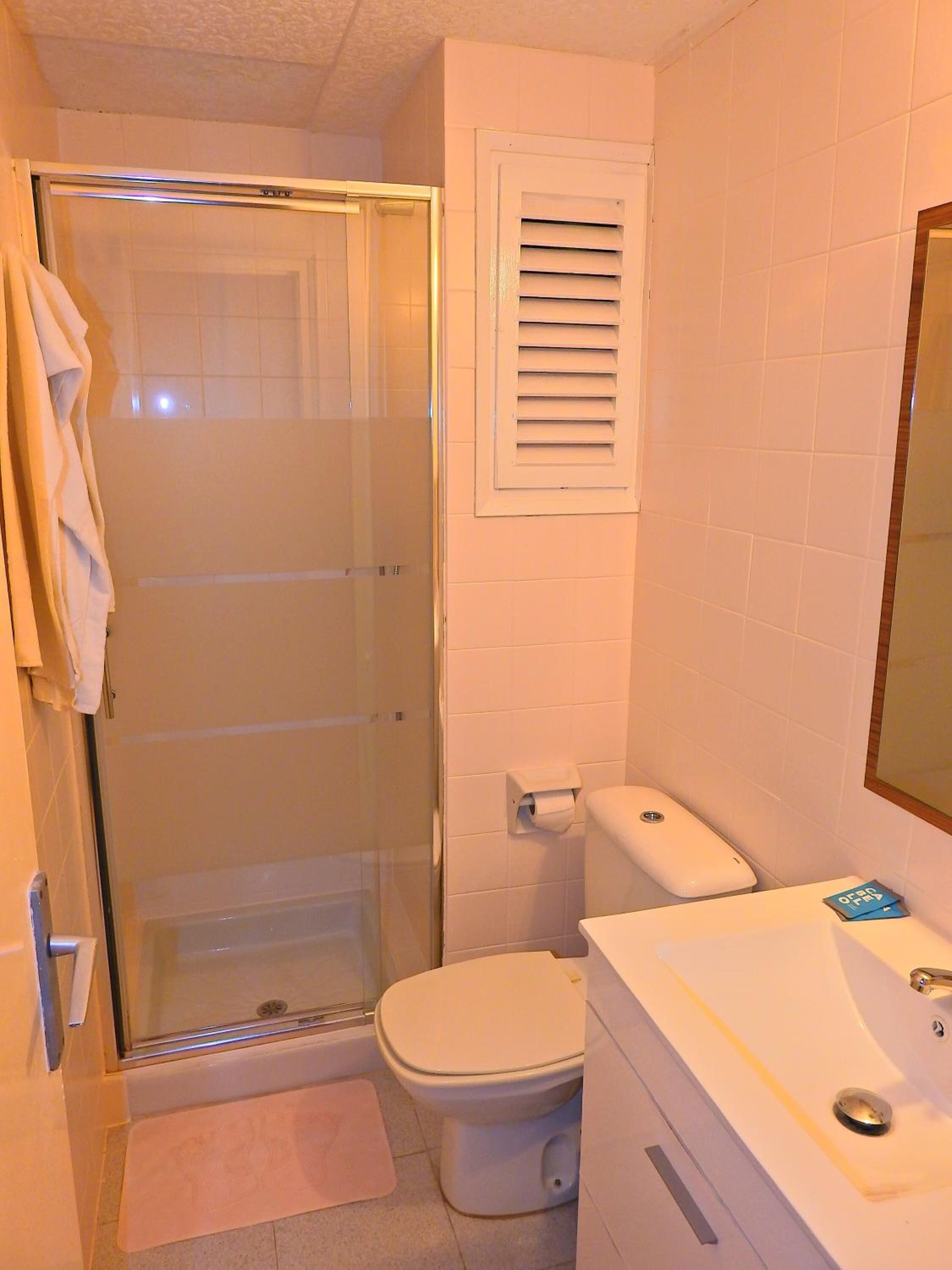 A bathroom with a glass-enclosed shower, a toilet, and a sink with a mirror.