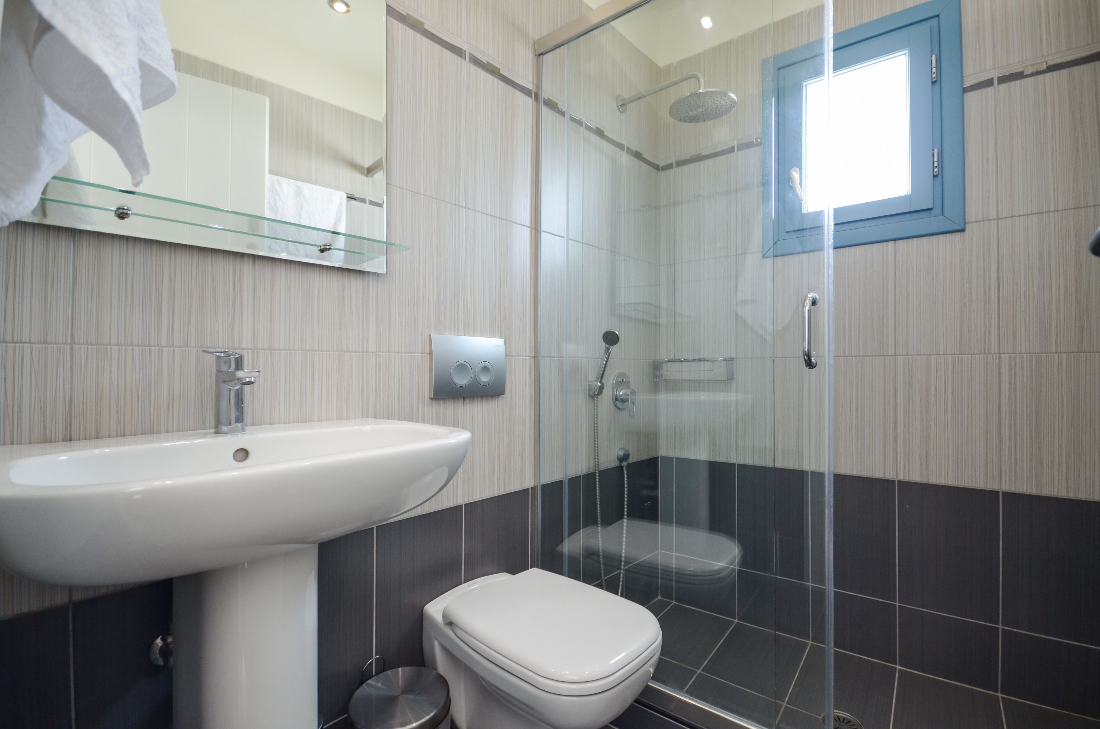 A modern bathroom with a glass shower enclosure, a white sink, and a toilet.