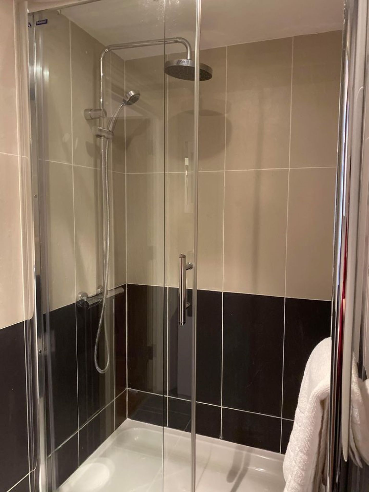 A glass-enclosed shower area with a handheld showerhead and a fixed showerhead.