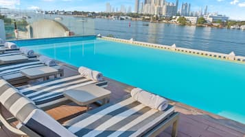 Outdoor pool, pool umbrellas, sun loungers
