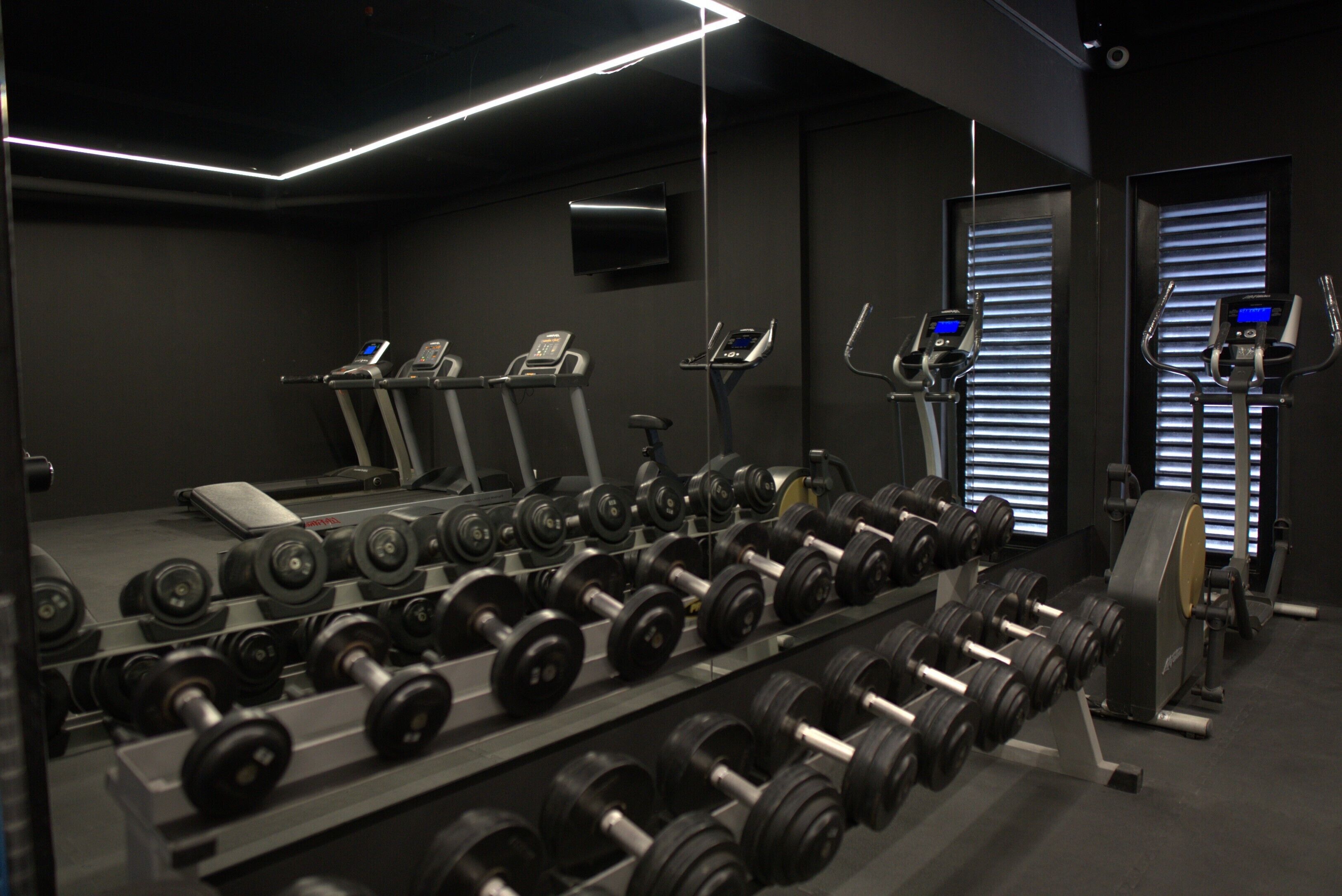 A gym with treadmills, elliptical machines, and a rack of dumbbells.