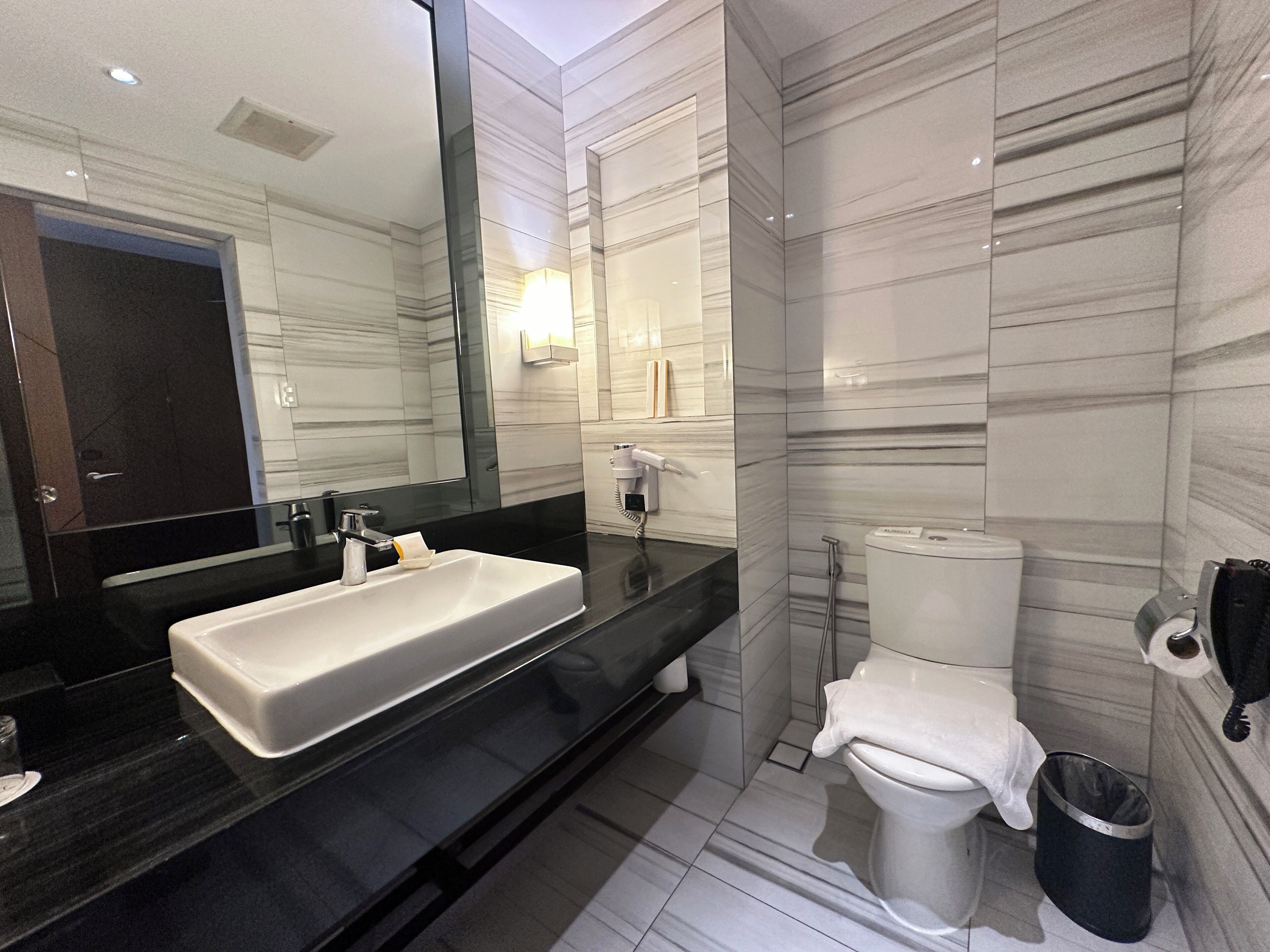 Une salle de bain moderne avec un grand miroir, un lavabo blanc, des toilettes et une poubelle noire.