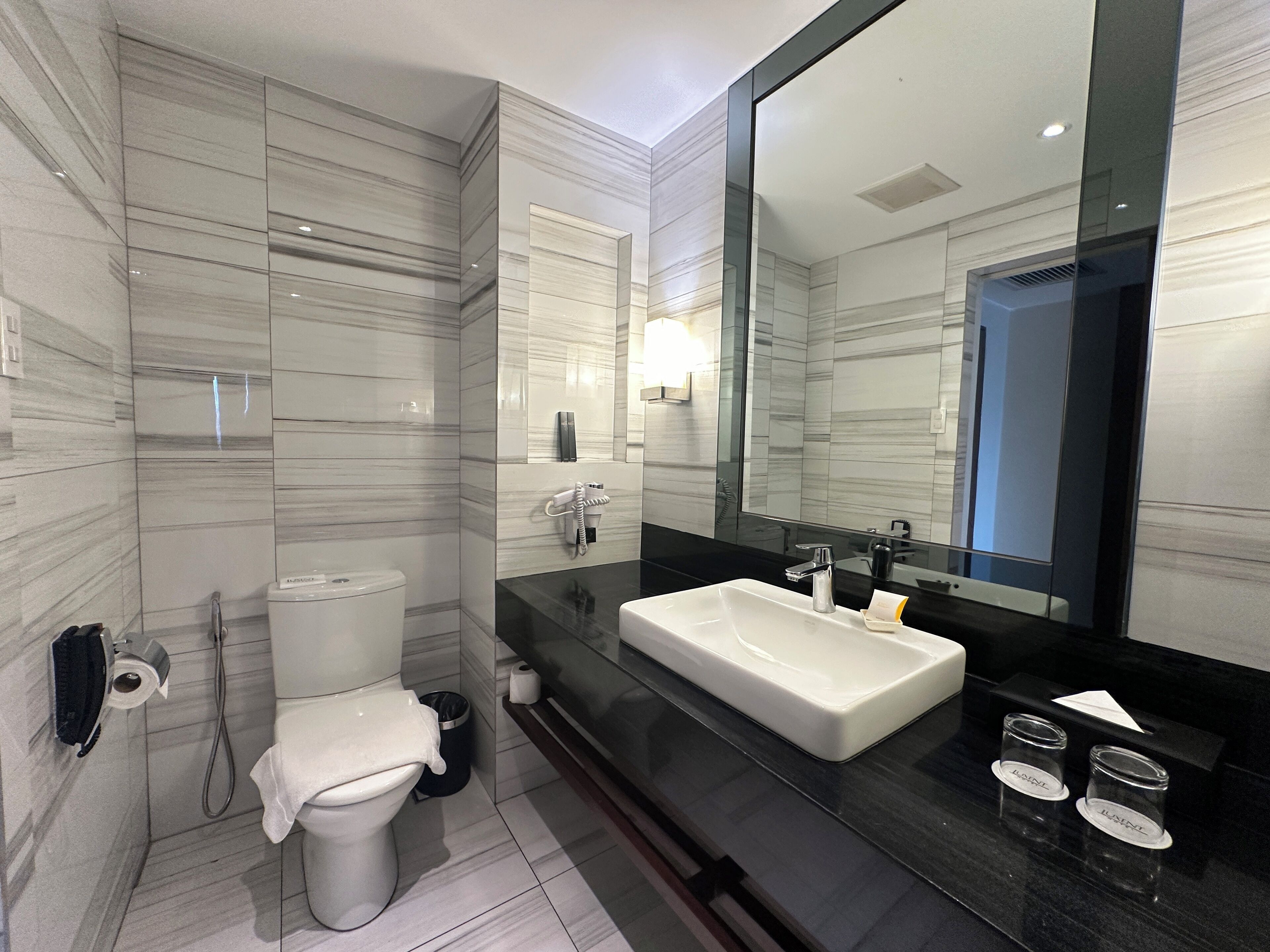 Une salle de bain moderne avec un grand miroir, un lavabo blanc et des toilettes.