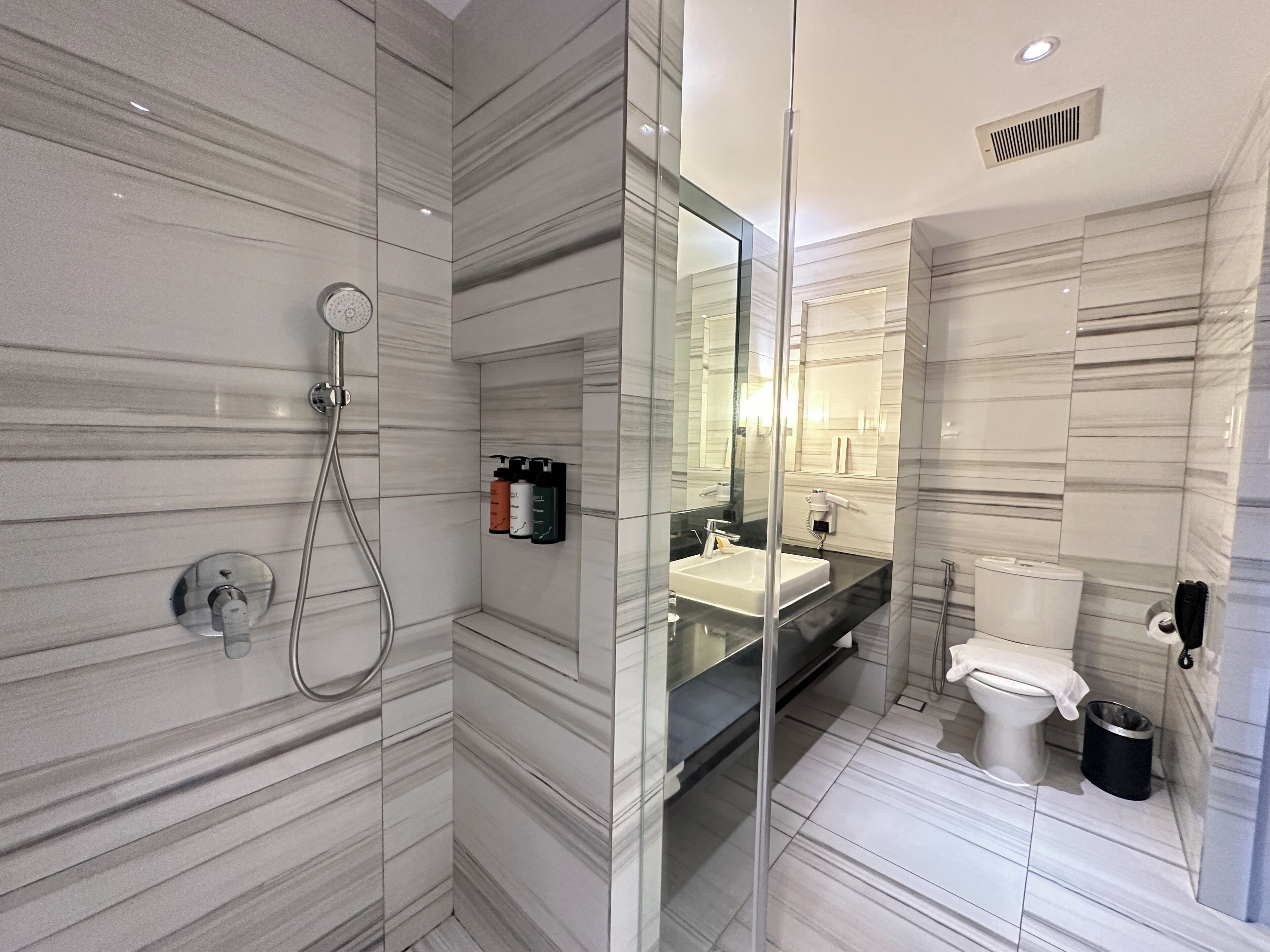 Une salle de bain moderne dotée d’une douche à parois de verre, d’un lavabo et de toilettes.