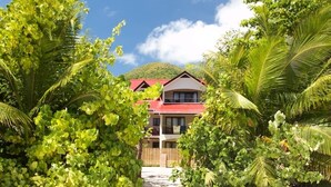 A house surrounded by lush greenery and a clear sky. - L'Hirondelle (Praslin Island)