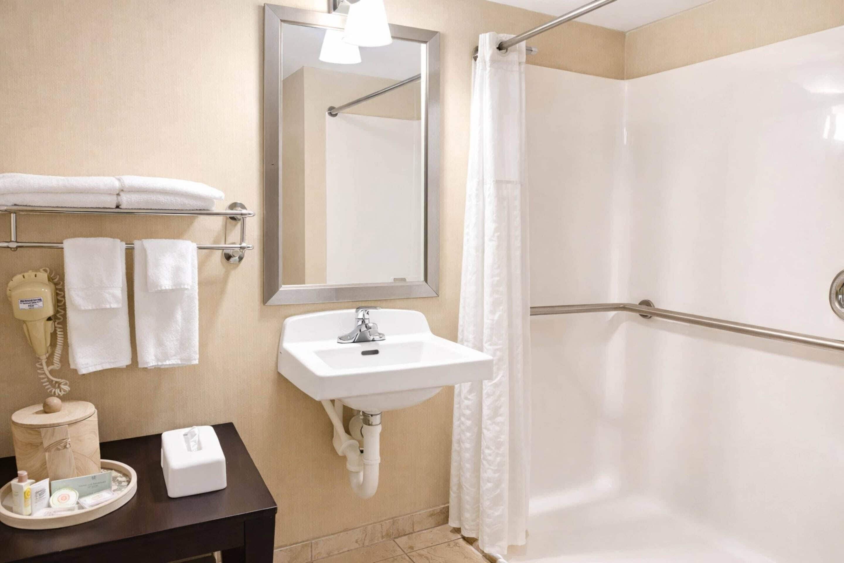 Une salle de bain équipée d’un lavabo, d’un miroir, d’un porte-serviettes et d’une douche.