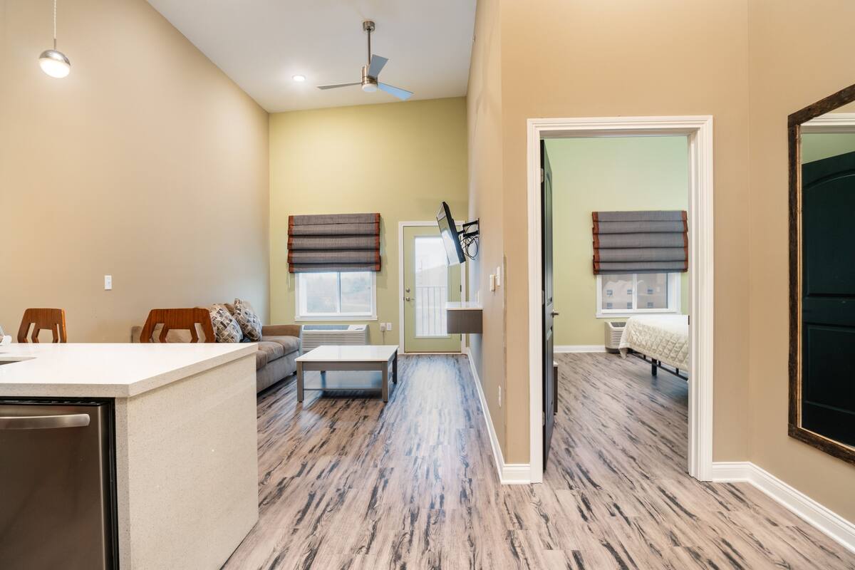 A spacious living area with a kitchen, dining area, and a bedroom.