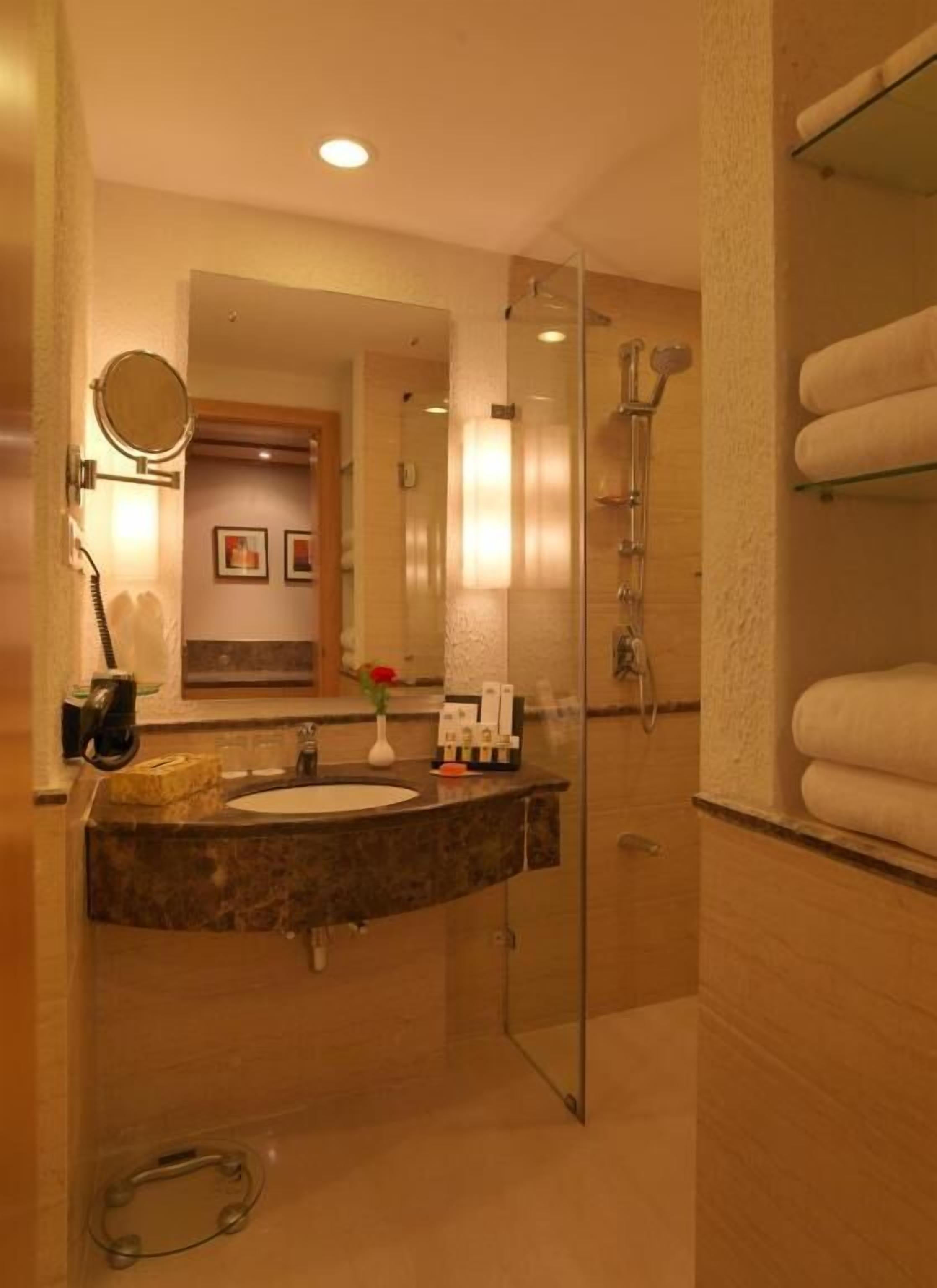 shower, designer toiletries, hair dryer, bathrobes