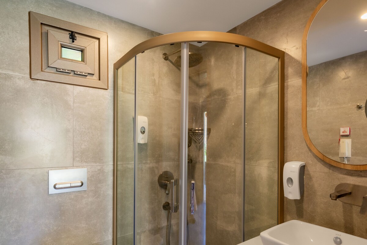 A modern bathroom with a glass-enclosed shower, a toilet, and a vanity with a sink.