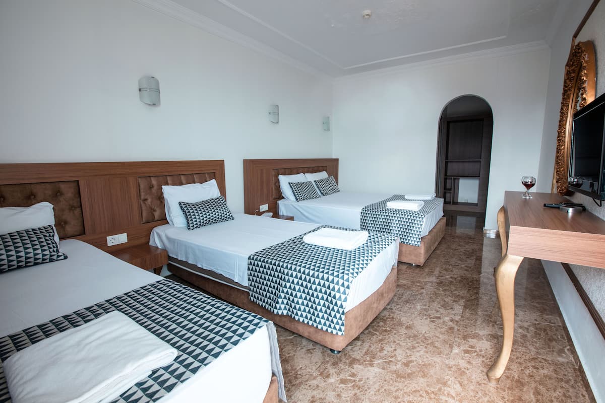 A hotel room with three beds, a desk, and a television.